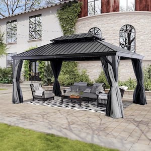 12 ft. x 16 ft. Grey Aluminum Hardtop Gazebo Galvanized Steel Roof with Curtain and Mosquito Net