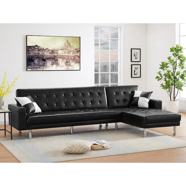 Boyel Living 120 In Black High Quality Faux Leather 3 Seats Convertible Sofa With Nailhead Trim And Paint Metal Legs Wfzy Bk 030pu The Home Depot 3 Seats Convertible Sofa, Paint For Leather Furniture Home Depot