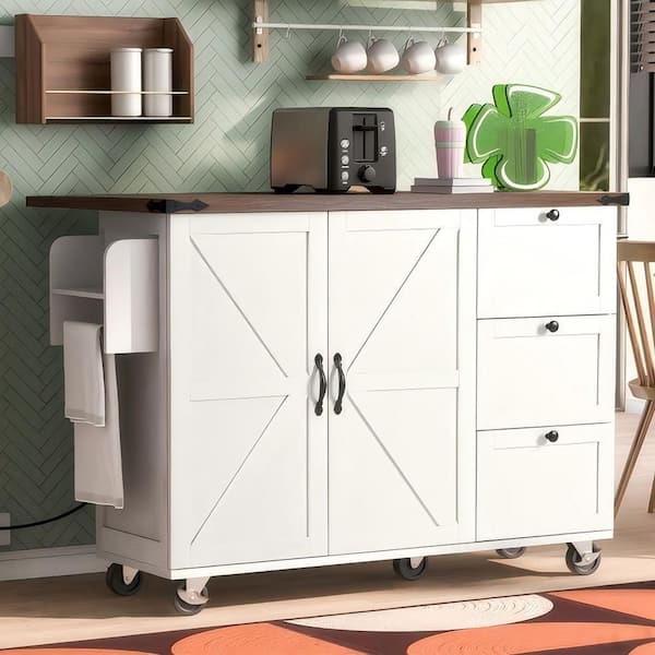 Ximuprmy White Wood 54 in. Kitchen Island with Drop Leaf, 2-Power Outlet Internal Storage Rack for Home, Kitchen and Dining Room