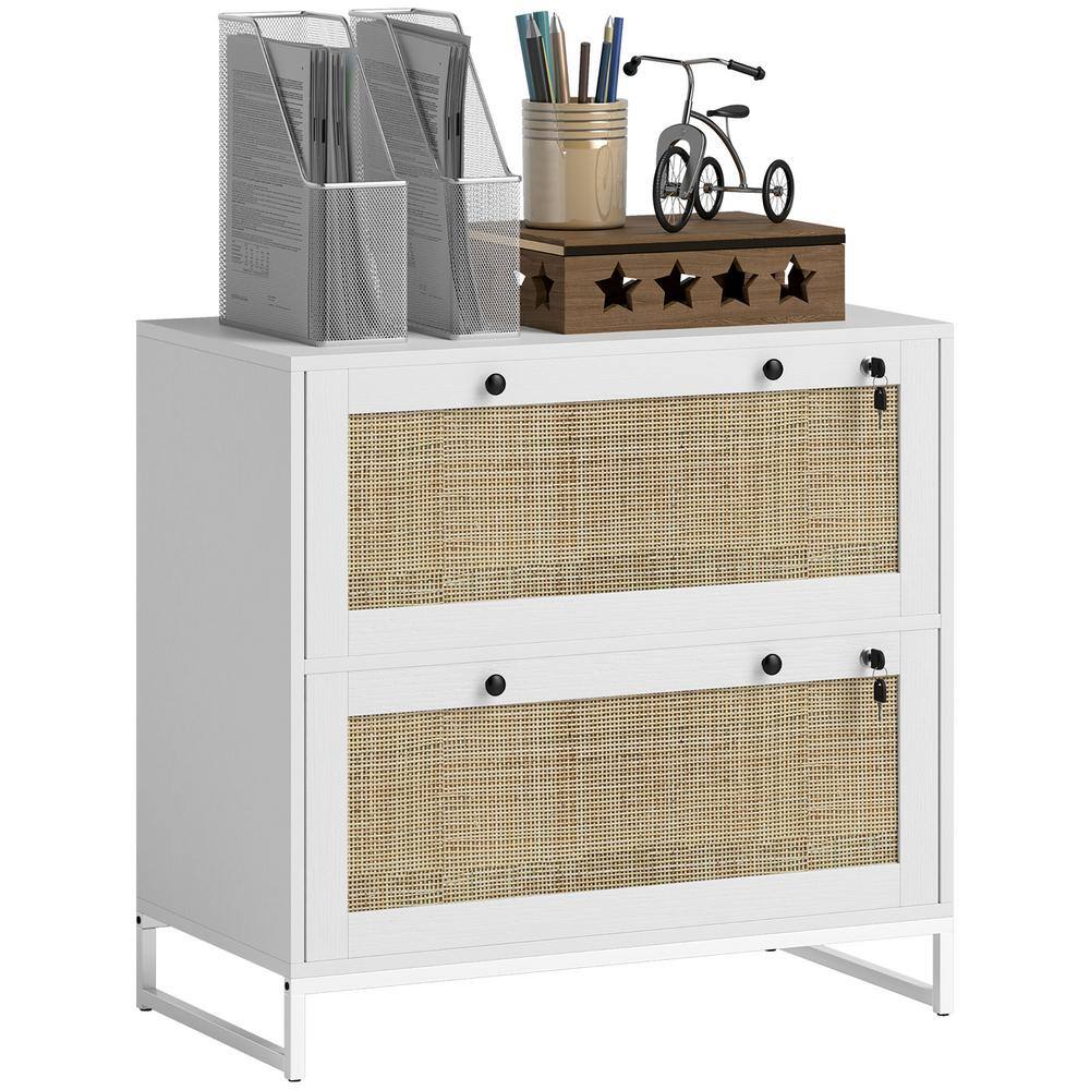 White and Rattan 2-Drawer Lockable Vertical File Cabinet