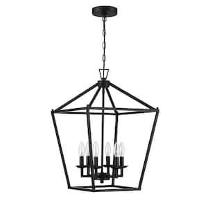 16 in. 6-Light Matte Black Geometric Vintage Lantern Chandelier Pendant Light