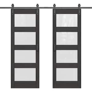 60 in. x 84 in. 4-Lite Tempered Frosted Glass Black Prefinished MDF Sliding Barn Door Slab with Hardware Kit