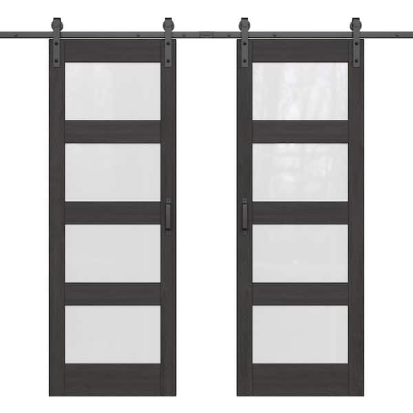 ARK DESIGN 60 in. x 84 in. 4-Lite Tempered Frosted Glass Black Prefinished MDF Sliding Barn Door Slab with Hardware Kit
