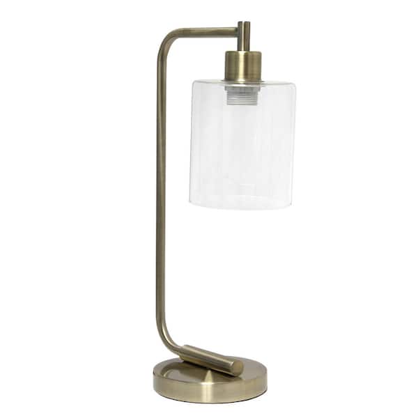 Creekwood home Vintage Vantage 18.8 in. Antique Brass Minimalist Industrial Curved Arm Task & Reading Desk Lamp with Clear Glass Shade