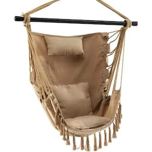 3.5 ft. Hammock Chair, Hanging Rope Swing, Head Pillow, 2 Cushions, Side Pocket, Removable Steel Spreader Bar in Beige