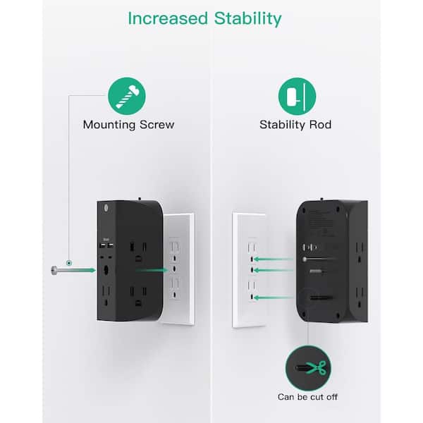 EKIEUDL - 5-Outlet Power Strip Surge Protector Extender Splitter with 4 USB Port in Black