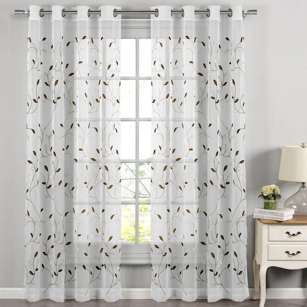 Wavy LeavesGreen Brown White 54 in. W x 96 in. L Embroidered Grommet Sheer Curtain (Single Panel)