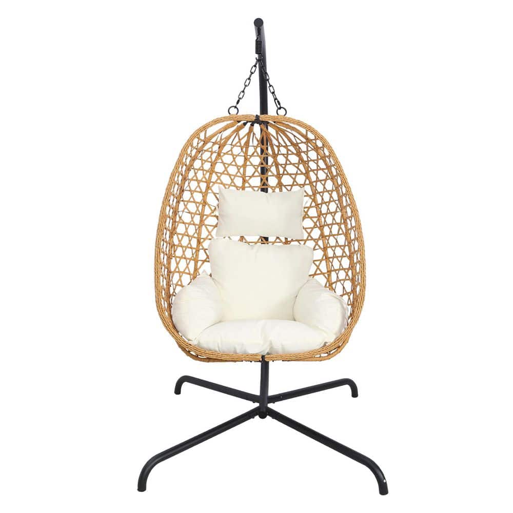 Foldable 1-Person Brown Wicker Patio Swing Egg Chair with Stand and Beige Cushion, Outdoor Hanging Chair