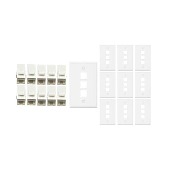 10-Pack 1-Gang White Keystone Plastic Wall Plate 3-Port & 10 Cat 6 RJ45 Keystone Inline Couplers White