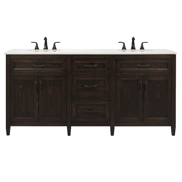 Home Decorators Collection Walden 71 in. W x 22 in. D Double Bath Vanity in Mocha with Engineered Stone Vanity Top in White with White Sink