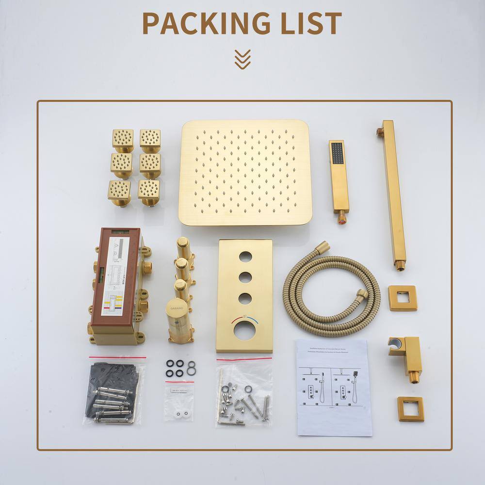 Brushed Gold Dual Square Wall Mount Shower System with Handheld