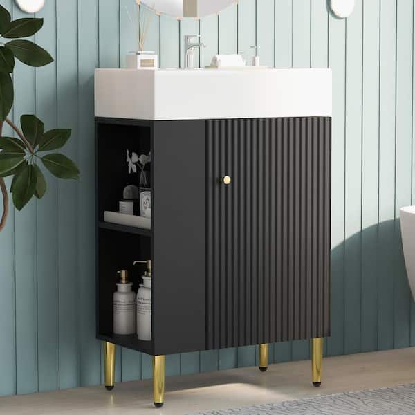 Staykiwi 21.6 in. W Single Sink Freestanding Black Bath Vanity with White Ceramic Top Unassembled with Left side storage