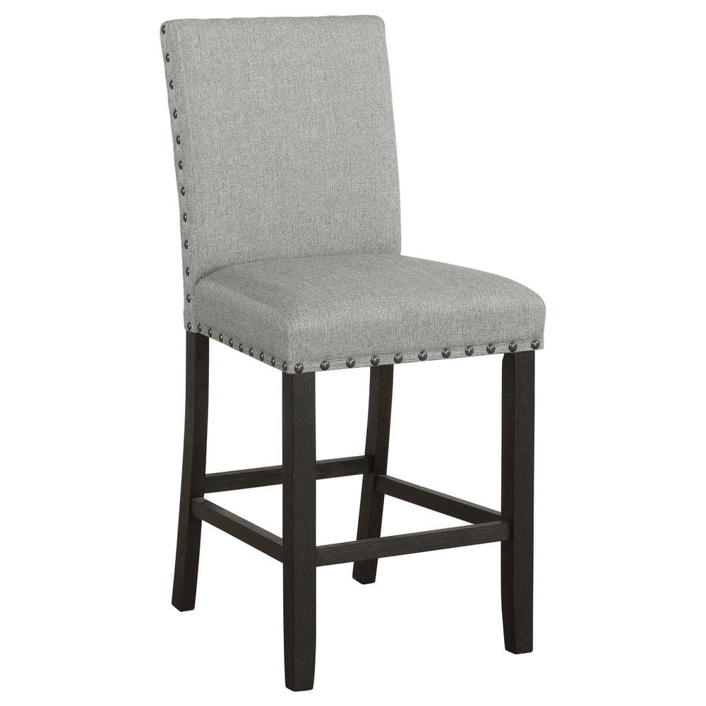 Transitional Gray Linen Upholstered Counter Stools with Nailhead Trim (Set of 2)