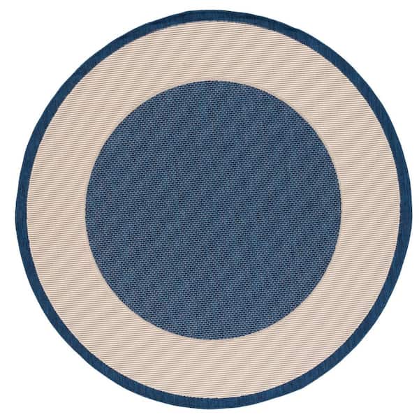 Courtyard Navy/Beige 7 ft. x 7 ft. Border Solid Color Indoor/Outdoor Round Area Rug