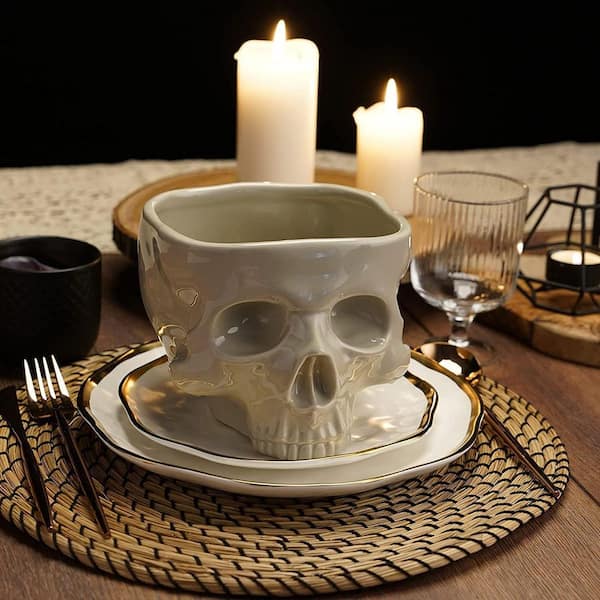 5 in. 17 fl. oz. White Ceramic Skull Shaped Bowl, Gothic Tabletop Skeleton Head Shaped Decor