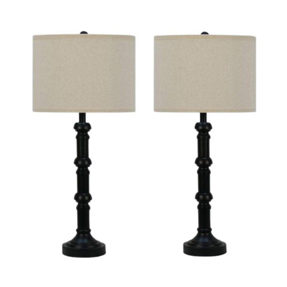 Pair of 30.75 in. Satin Black Stacked Candlestick Metal Table Lamps with Designer Shades price history on PriceWatchPro