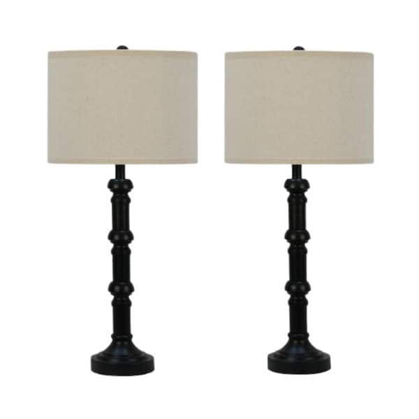 Pair of 30.75 in. Satin Black Stacked Candlestick Metal Table Lamps with Designer Shades