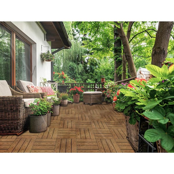 GOGEXX 11.8 in.Wx11.8 in.L Outdoor Striped Pattern WPC Composite Interlocking Flooring Deck Tiles (20 Per Box), Light Coffee