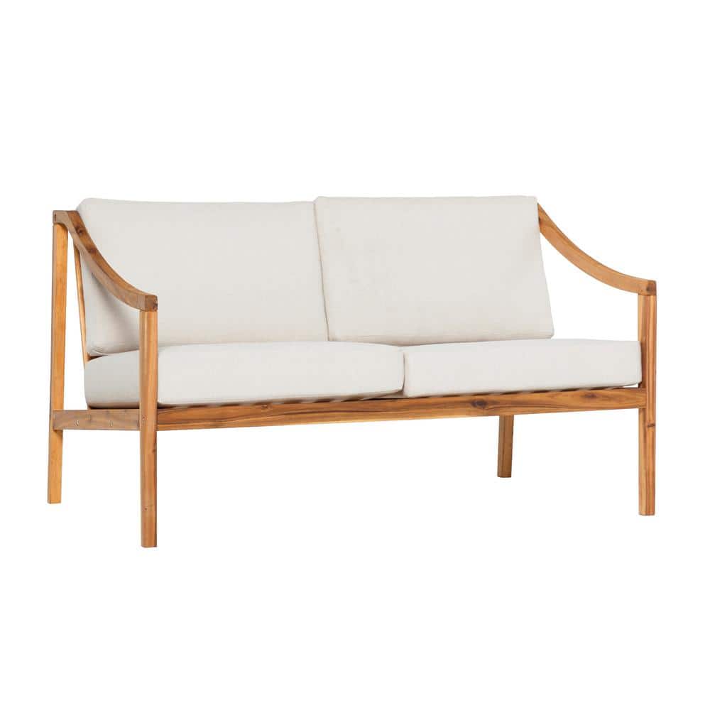 Natural Solid Acacia Wood Curved Arm Outdoor Loveseat with Beige Cushions