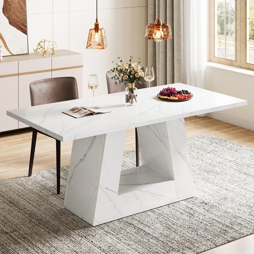 White Faux Marble Rectangular Dining Table with Trapezoidal Base