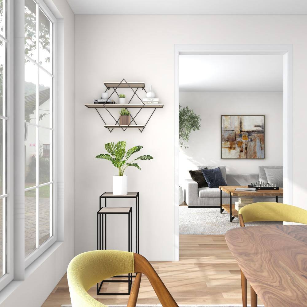 Brown Wood Geometric Wall Shelf with Metal Frame