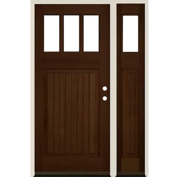 Krosswood Doors 36 in. x 80 in. 3-LIte 1 Panel with V-Grooves Provincial Stain Left Hand Douglas Fir Prehung Front Door Right Sidelite