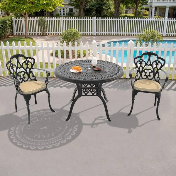Lily Black 3-Piece Cast Aluminum Outdoor Dining Set with Round Table and Dining Chairs with Random Color Cushion