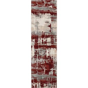 Maxell Ivory/Red 2 ft. x 8 ft. Abstract Contemporary Kitchen Runner Area Rug