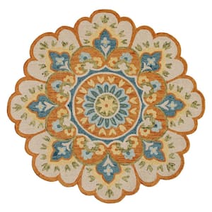 Daliah Hand-Tufted 6 ft. x 6 ft. Rust/Aqua Blue Bohemian Floral Wool Round Indoor Area Rug