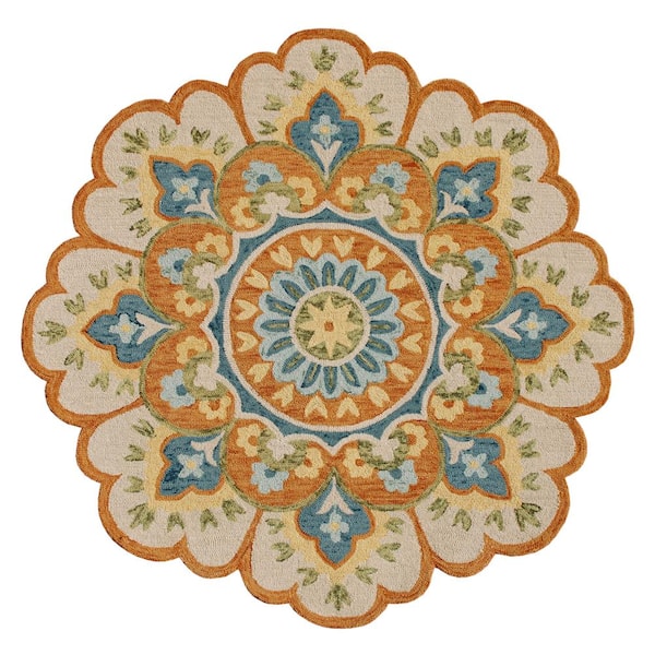 Unbranded Daliah Hand-Tufted 6 ft. x 6 ft. Rust/Aqua Blue Bohemian Floral Wool Round Indoor Area Rug