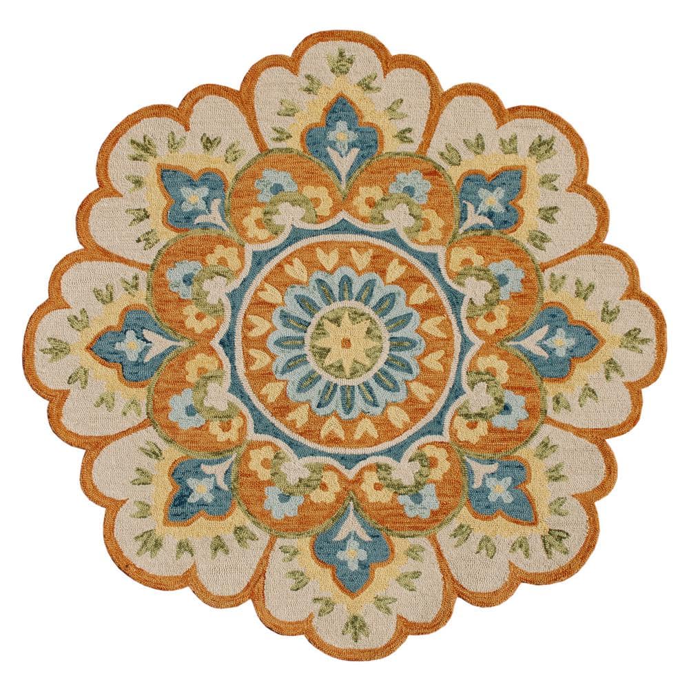 Daliah Hand-Tufted 4 ft. x 4 ft. Rust/Aqua Blue Bohemian Floral Wool Round 