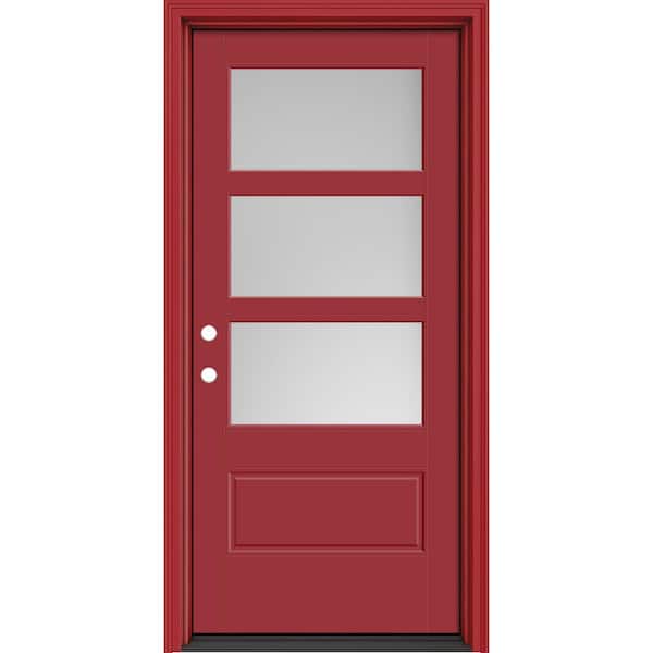 Masonite Performance Door System 36 in. x 80 in. VG 3-Lite Right-Hand Inswing Pearl Red Smooth Fiberglass Prehung Front Door