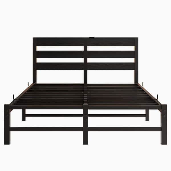 Black Metal Frame Full Size Platform Bed Frame with LED Headboard and USB Charge Station, No Box Spring Needed