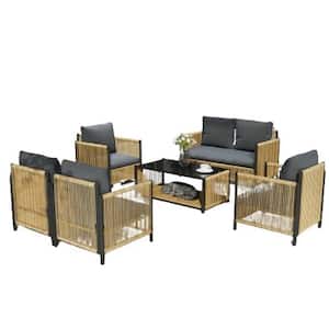 Brown 6-Piece Round Tube Metal Frame PE Wicker Outdoor Sectional Set Sofa Set with Gray Cushions and Top Glass Table
