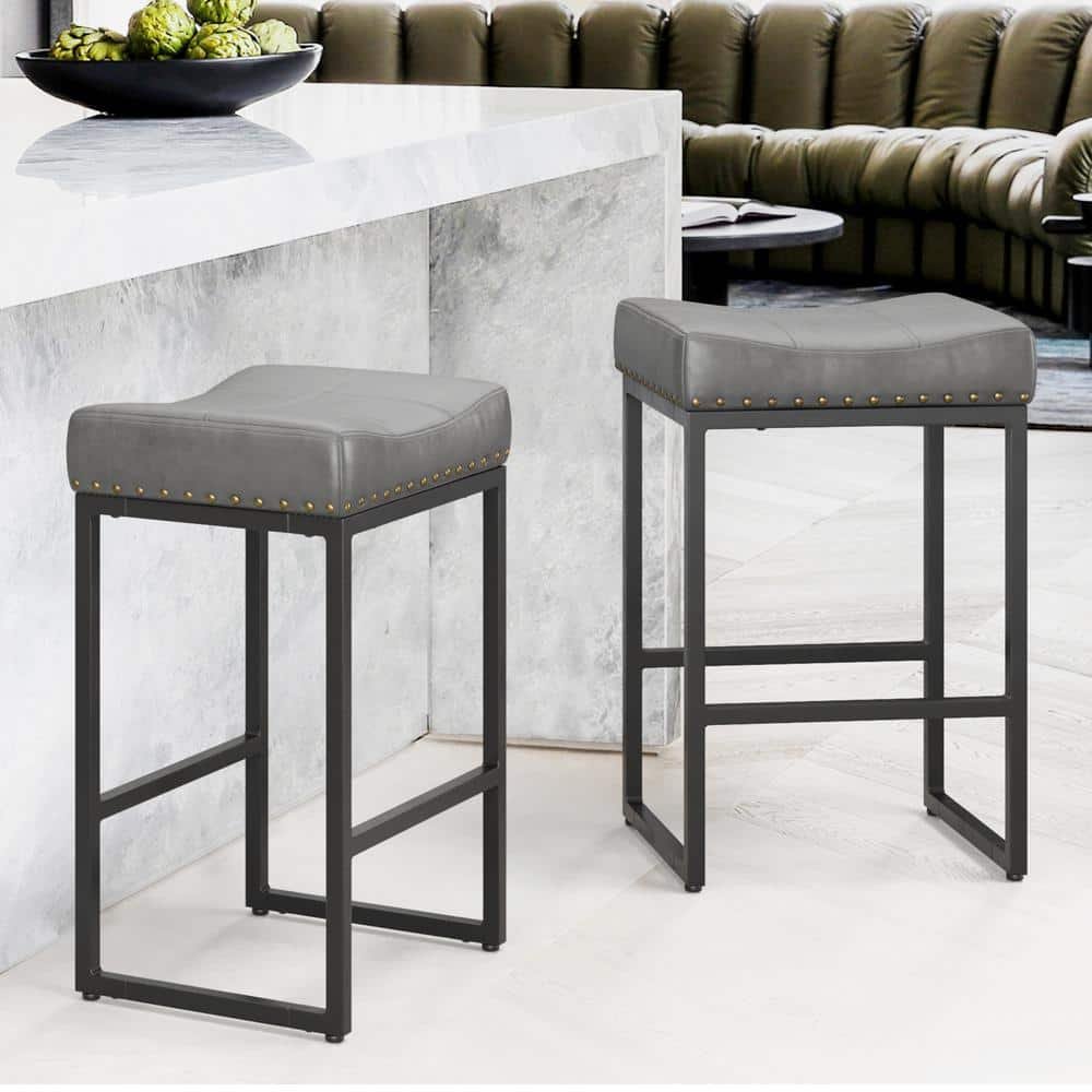 LUE BONA 24 in. Gray Cusioned Backless Saddle Faux Leather Bar Stools ...