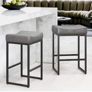 24 in. Gray Cusioned Backless Saddle Faux Leather Bar Stools with Metal Frame(Set of 2)