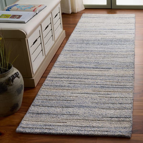Natura 2 ft. x 8 ft. Blue Striped Distressed Runner Rug