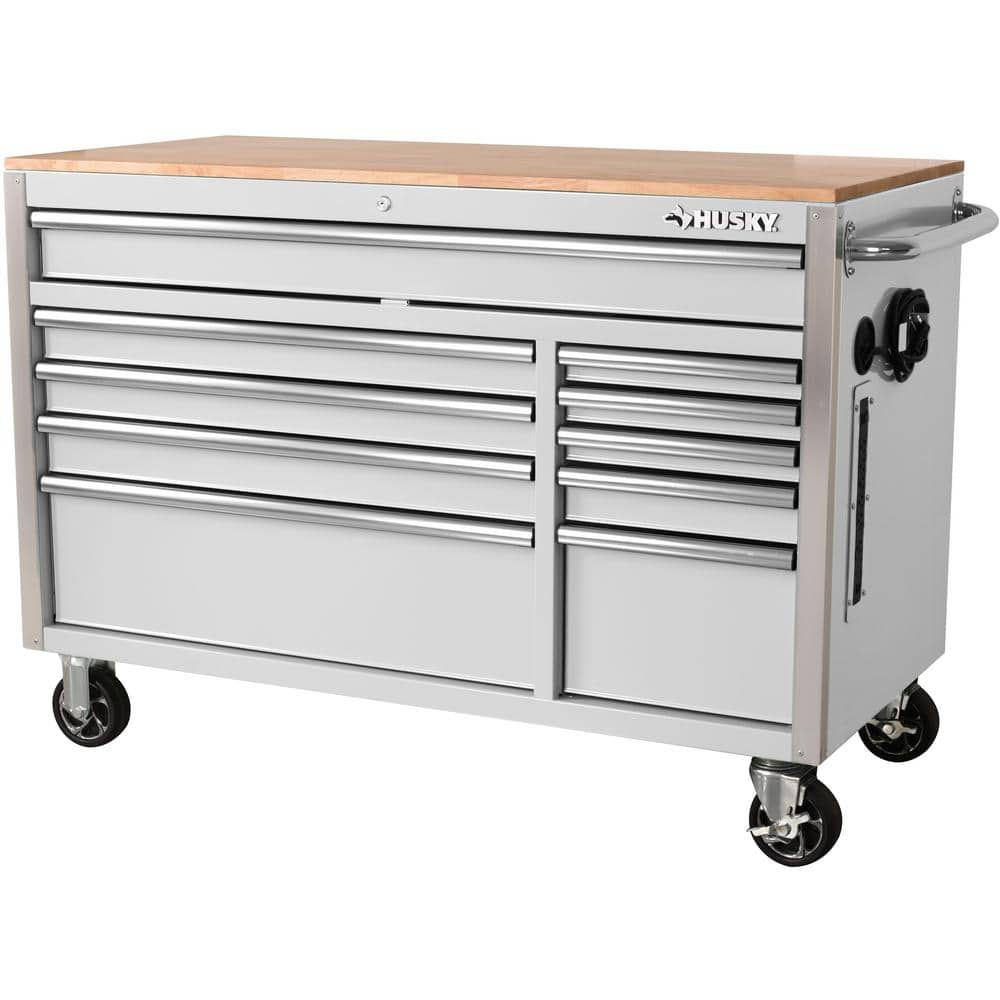 Husky 52 in. W x 24.5 in. D Standard Duty 10-Drawer Mobile Workbench Tool Chest with Solid Wood Top in Gloss White, Gloss White with Silver Trim -  H52MWC10WHT