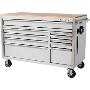 52 in. W x 24.5 in. D Standard Duty 10-Drawer Mobile Workbench Tool Chest with Solid Wood Top in Gloss White