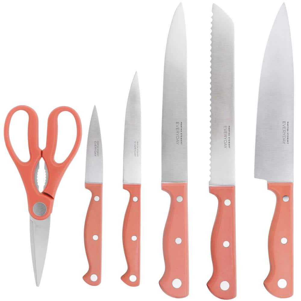 Keswick 7 Piece Stainless Steel Knife Set with Coral Handles and Wood Block