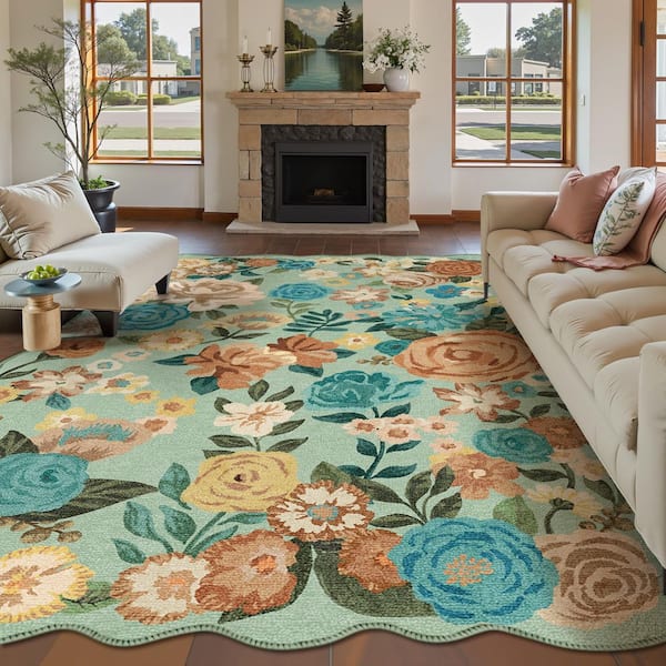 Bella Green 9 ft. x 12 ft. Floral Washable Area Rug