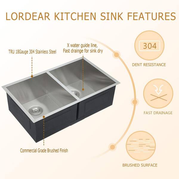 Lordear Underount Kitchen Sink Double Bowl Kitchen Sink 33 Inch - View #9