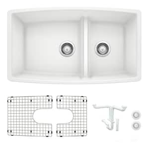 Performa 33 in. Undermount Double Bowl White Granite Composite Kitchen Sink Kit with Accessories