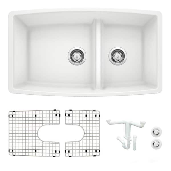 Blanco Performa 33 in. Undermount Double Bowl White Granite Composite Kitchen Sink Kit with Accessories