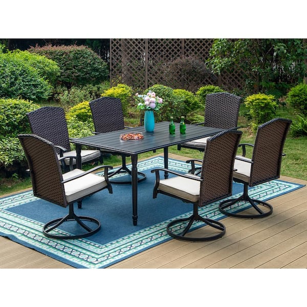 PHI VILLA Black 7-Piece Metal Patio Outdoor Dining Set with Slat Table and Rattan Chairs with Beige Cushion