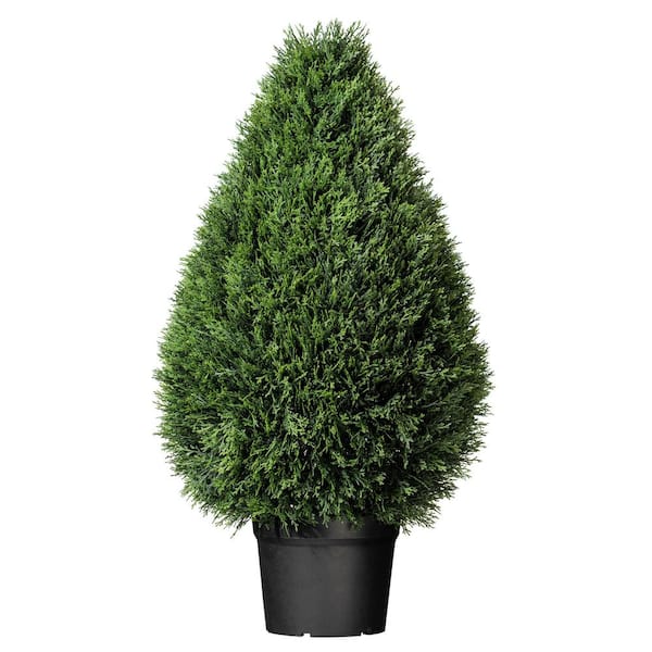 Vickerman 36 in. Green Artificial Cedar Teardrop Shaped Topiary in Black Plastic Pot
