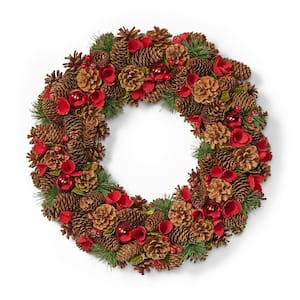 18.5 in. Natural Brown and Red Glitter Unlit Artificial Christmas Wreath with Pine Cones
