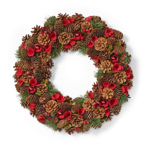Noble House 18.5 in. Natural Brown and Red Glitter Unlit Artificial Christmas Wreath with Pine Cones