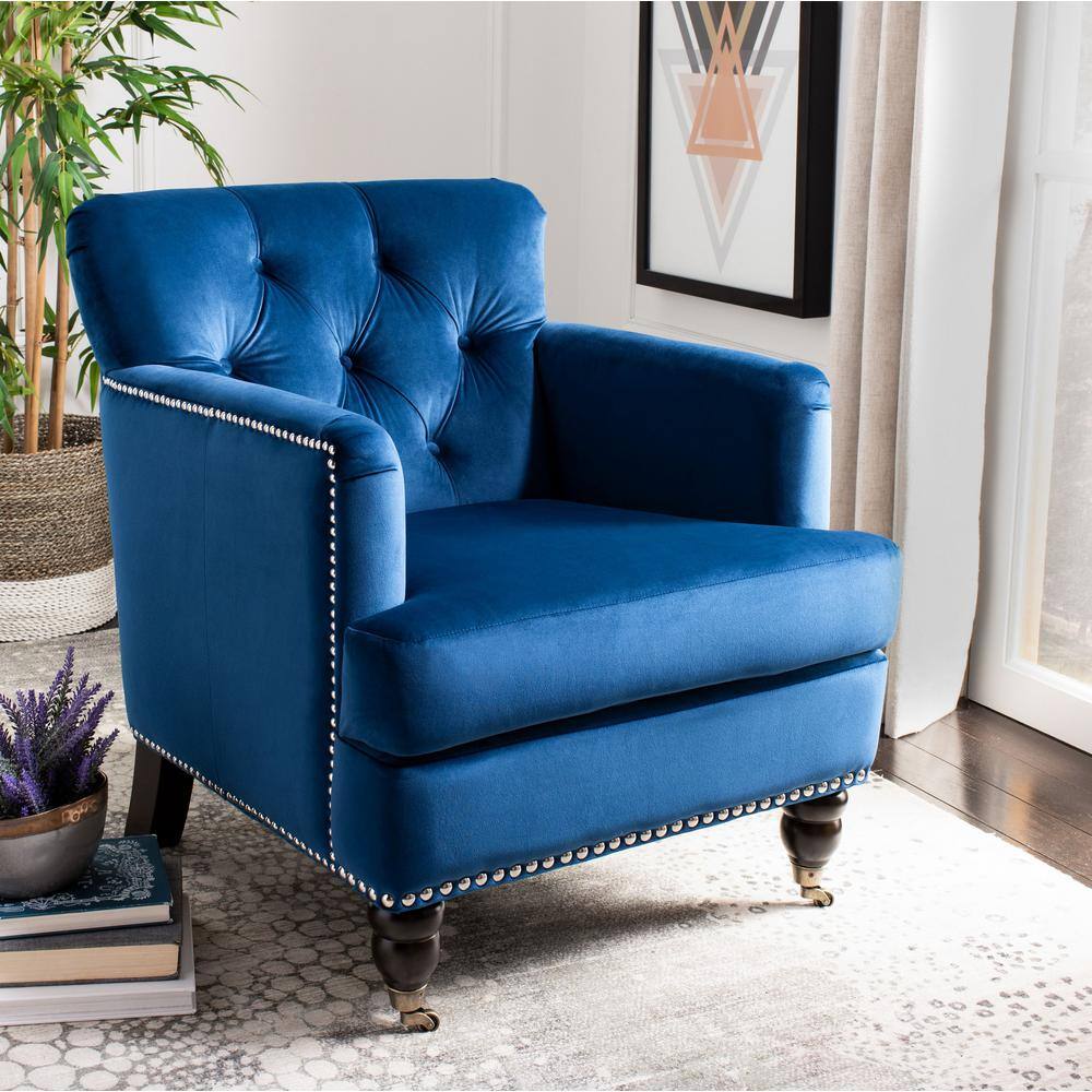 Navy Velvet Tufted Arm Chair with Espresso Wood Legs