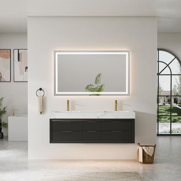 Wenlorin 60 in. Double Sinks Floating Black Bath Vanity with White Engineered Marble Top Pre-assembled